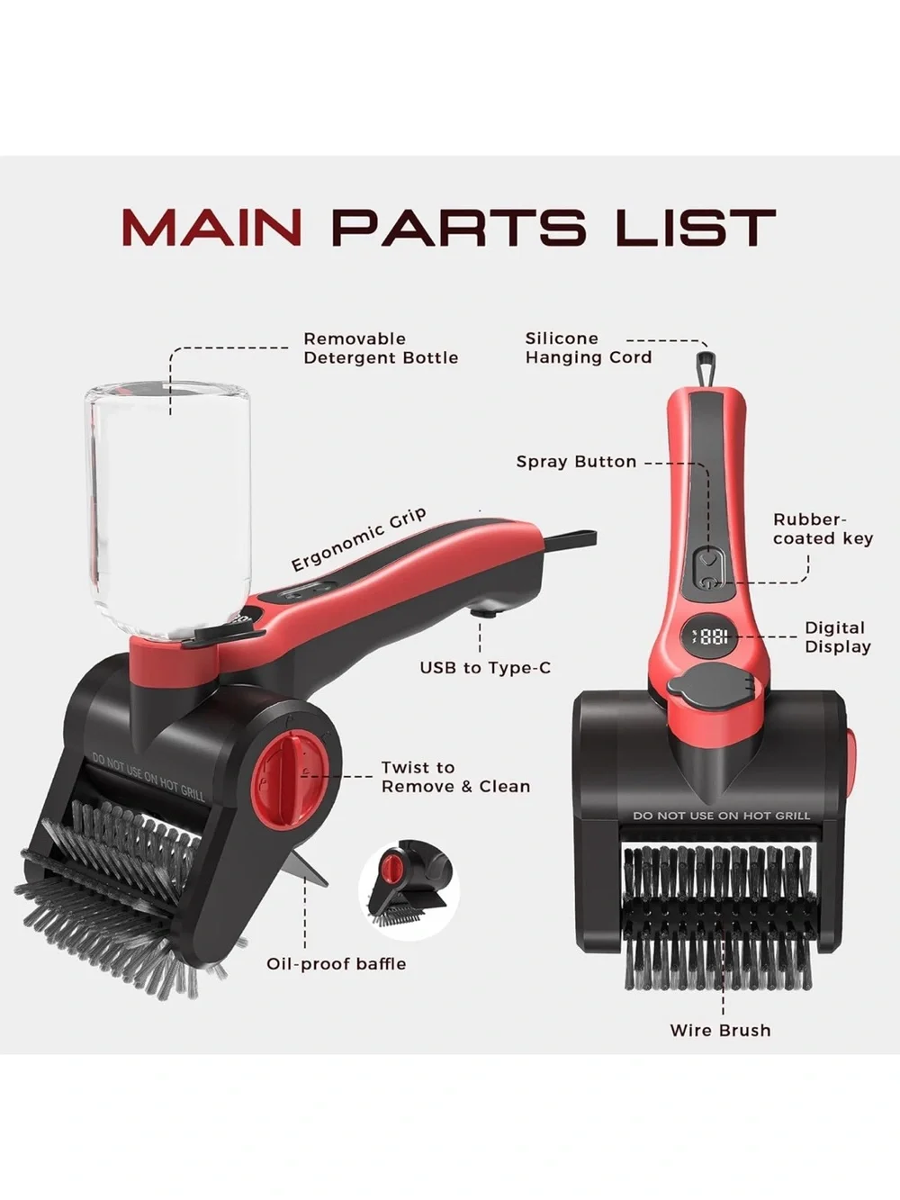 Electric grill brush 100W high power cordless BBQ cleaner with 300ml water spray